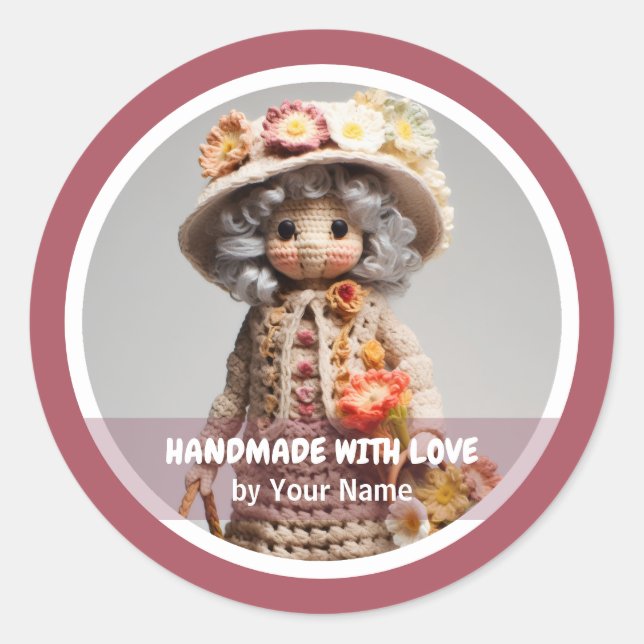 Handmade with love Crochet lady pink Classic Round Sticker (Front)
