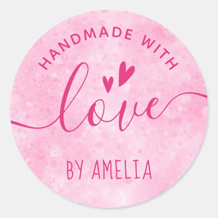 Handmade with love custom name pink classic round sticker | Zazzle.com