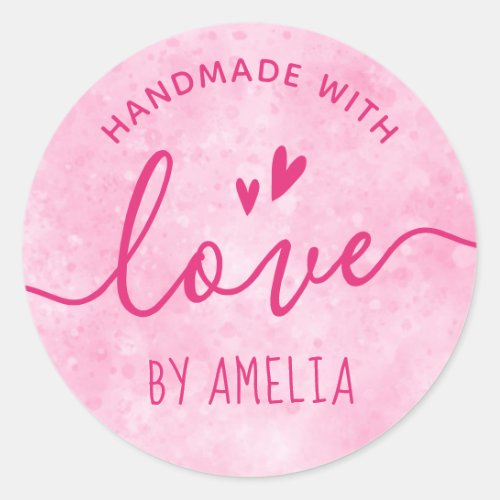 Handmade with love custom name pink classic round sticker