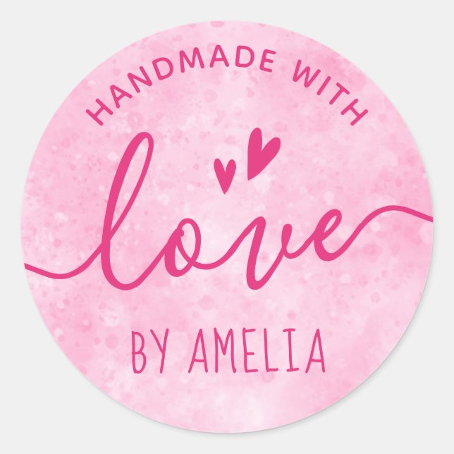 Handmade with love custom name pink classic round sticker (Front)