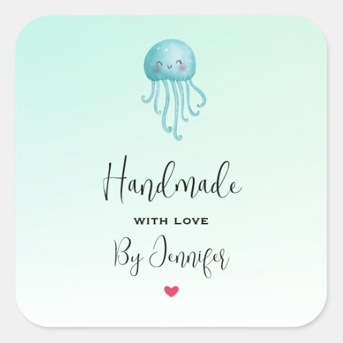 Handmade with Love Cute and Happy Jellyfish Square Sticker