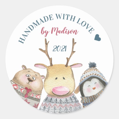 Handmade with love Cute animals winter Classic Round Sticker