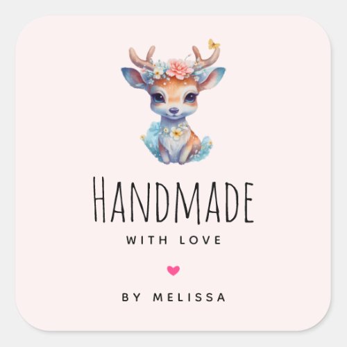 Handmade with Love Cute Baby Deer Illustration Square Sticker