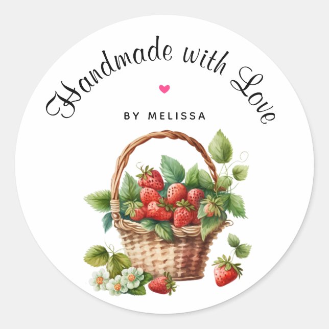 Handmade with Love Cute Basket of Strawberries Classic Round Sticker (Front)