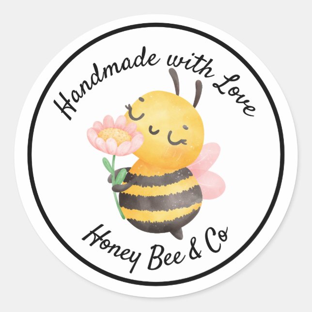 Handmade with Love. Cute Bee Personalized Classic Round Sticker (Front)