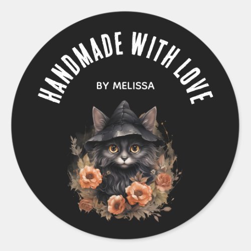 Handmade with Love Cute Black Cat in a Witchs Hat Classic Round Sticker