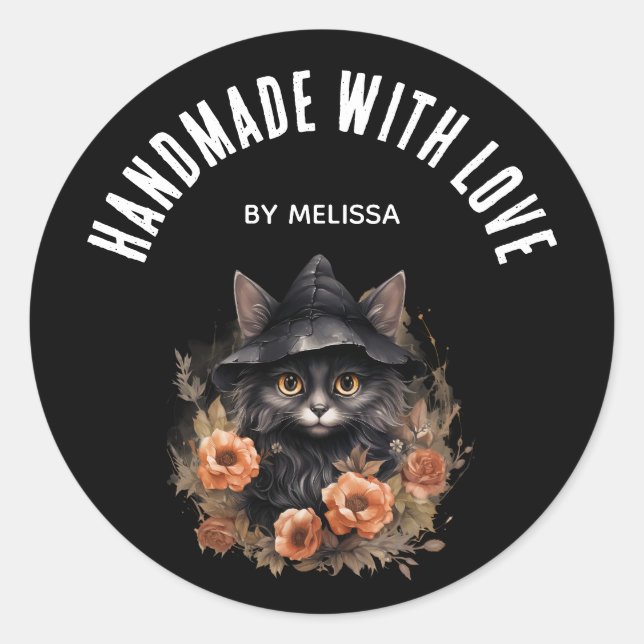 Handmade with Love Cute Black Cat in a Witch's Hat Classic Round Sticker (Front)