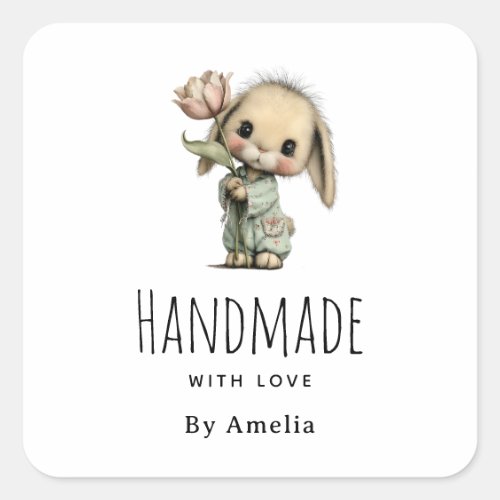 Handmade with Love Cute Bunny Holding a Tulip Square Sticker