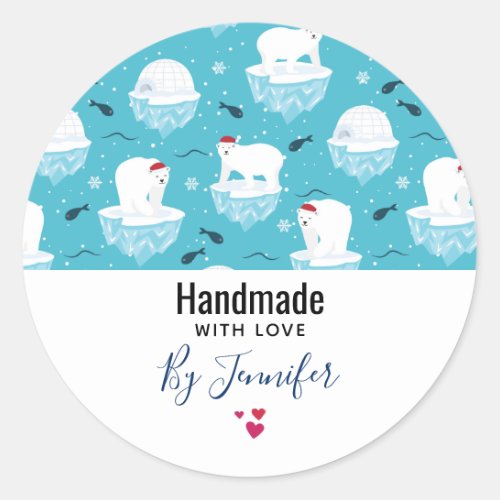 Handmade with Love Cute Christmas Polar Bears Classic Round Sticker