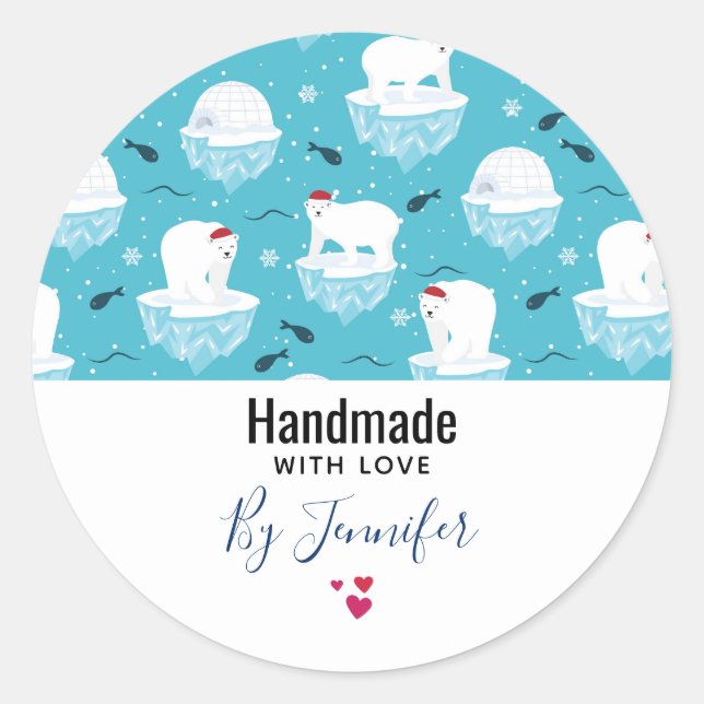 Handmade with Love Cute Christmas Polar Bears Classic Round Sticker (Front)