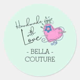 Handmade with Love Cute Country Heart Mint Green Classic Round Sticker