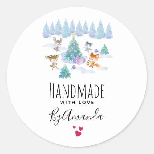 Handmade with Love Cute Forest Animals Christmas Classic Round Sticker