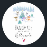 Handmade with Love Cute Forest Animals Christmas Classic Round Sticker<br><div class="desc">Personalized stickers which says Handmade with Love with  little red hearts. Designed with a whimsical Christmas scene. Happy forest animals dancing around a decorated Christmas tree. Festive holiday watercolor design.</div>