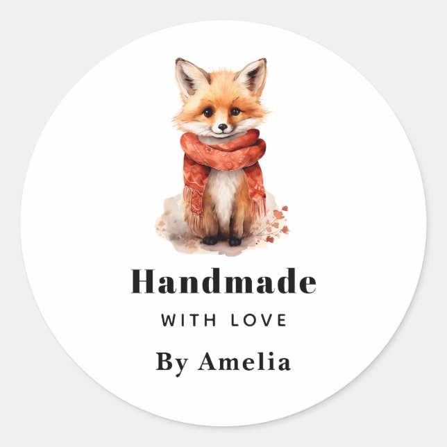 Handmade with Love Cute Fox Pup in a Red Scarf Classic Round Sticker (Front)