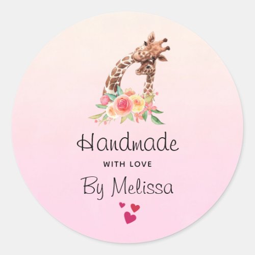 Handmade with Love Cute Giraffe Mom  Baby Classic Round Sticker
