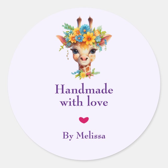 Handmade with Love Cute Giraffe with Floral Crown Classic Round Sticker (Front)