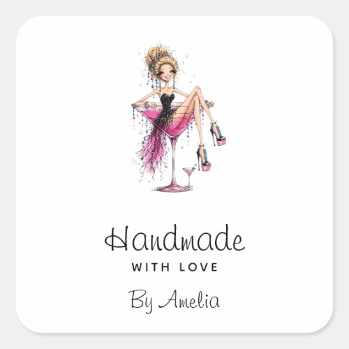 Handmade with Love Cute Girl in a Martini Glass Square Sticker
