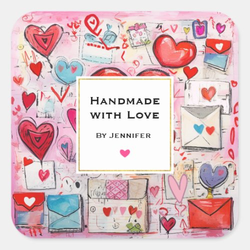 Handmade with Love Cute Hearts and Love Letters Square Sticker