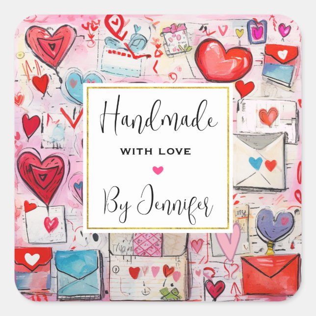 Handmade with Love Cute Hearts and Love Letters Square Sticker (Front)