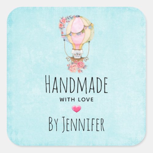 Handmade with Love Cute Hot Air Balloon Watercolor Square Sticker