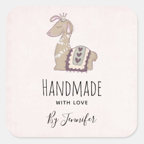 Handmade with Love Cute Llama Wearing a Crown Square Sticker