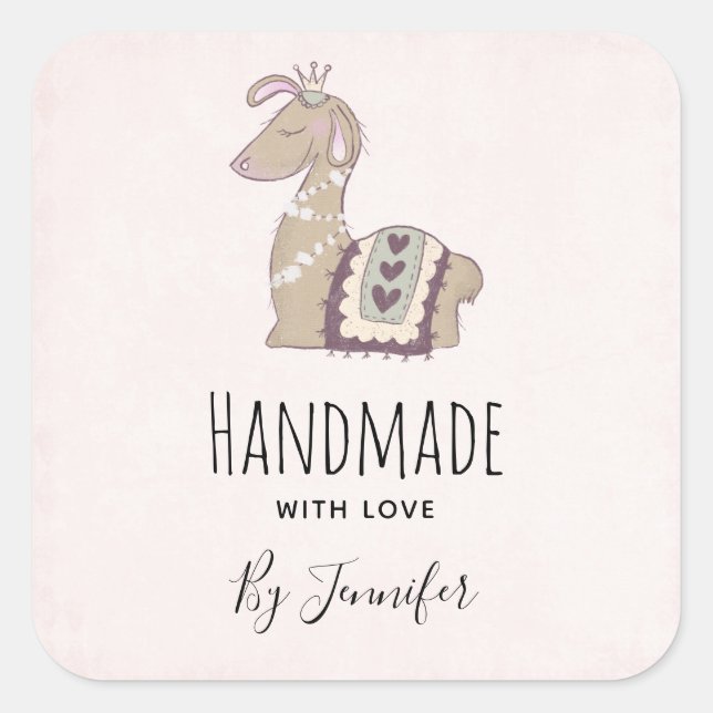 Handmade with Love Cute Llama Wearing a Crown Square Sticker (Front)