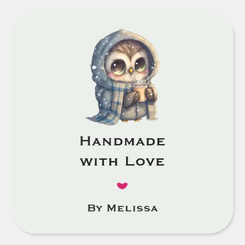 Handmade with Love Cute Owl Holding a Coffee Square Sticker