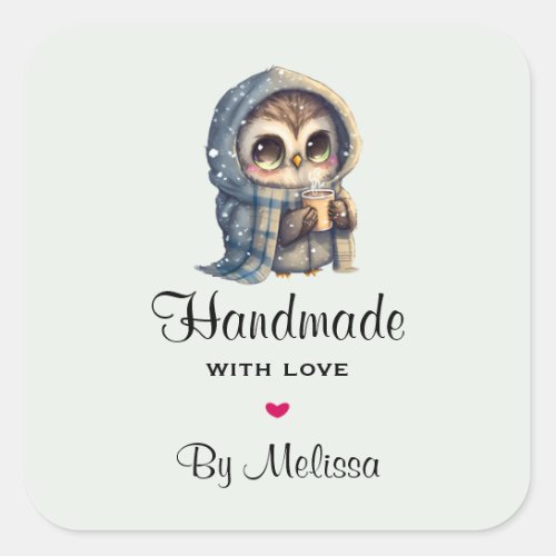 Handmade with Love Cute Owl Holding a Coffee Square Sticker