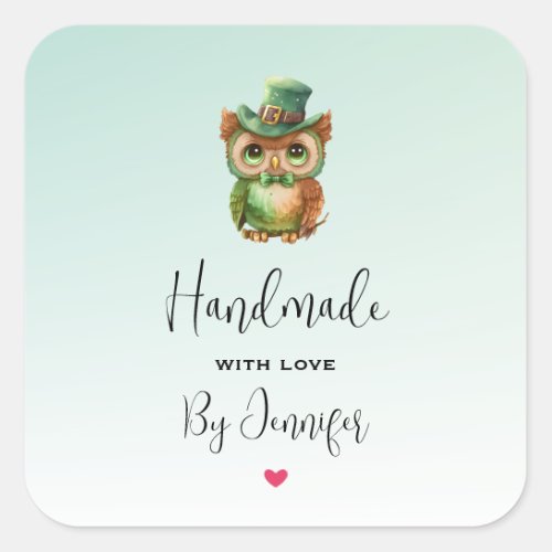 Handmade with Love Cute Owl in a Green Top Hat Square Sticker