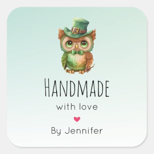 Handmade with Love Cute Owl in a Green Top Hat Square Sticker