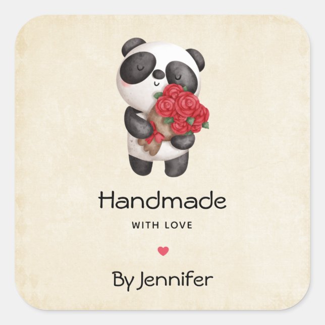 Handmade with Love Cute Panda Bear holding Roses Square Sticker (Front)
