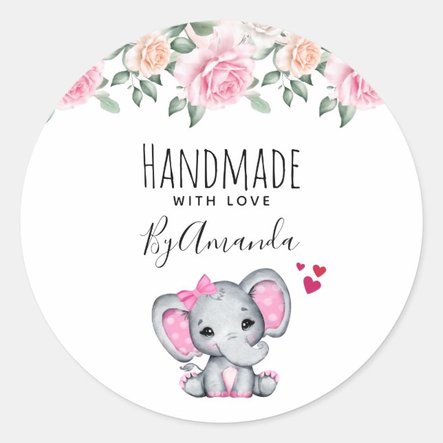Handmade with Love Cute Pink Baby Elephant Classic Round Sticker (Front)