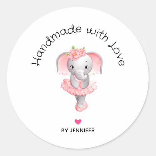 Handmade with Love Cute Pink Elephant Ballerina Classic Round Sticker