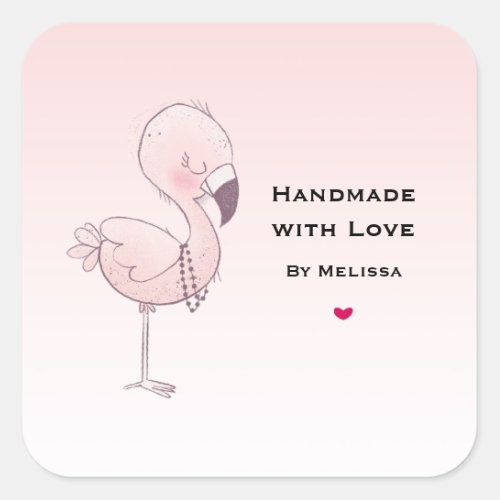 Handmade with Love Cute Pink Flamingo Illustration Square Sticker