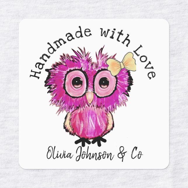 Handmade with Love Cute Pink Owl with Ribbon Labels (Design 1)