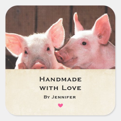 Handmade with Love Cute Pink Piglets Animal Photo Square Sticker