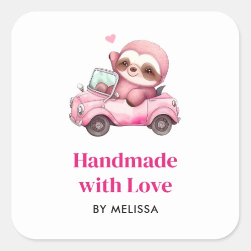 Handmade with Love Cute Pink Sloth Driving a Car Square Sticker