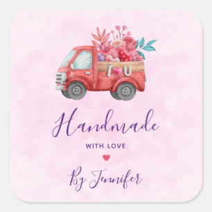 Handmade with Love Cute Red Truck Watercolor Square Sticker