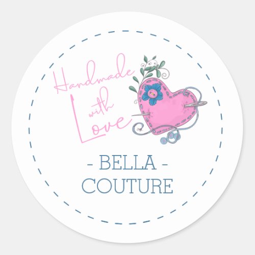 Handmade with Love Cute Sewing Theme Pink and Blue Classic Round Sticker