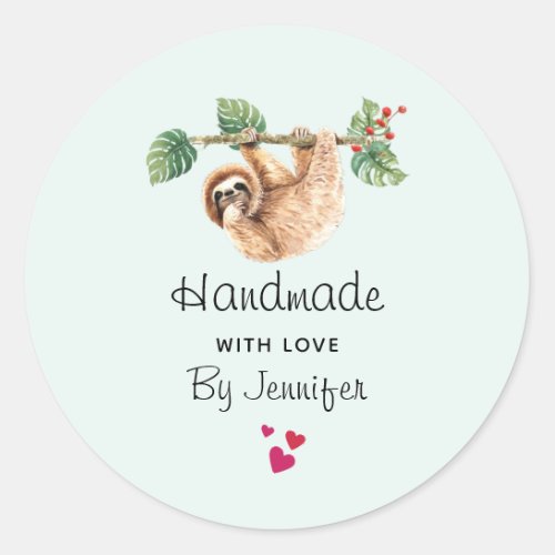 Handmade with Love Cute Sloth Hanging Upside Down Classic Round Sticker