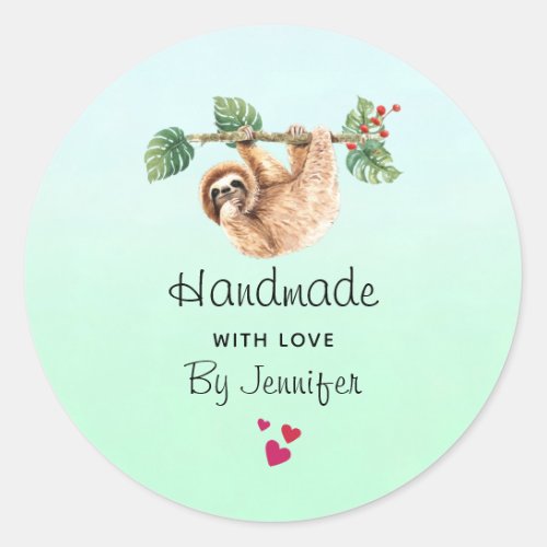 Handmade with Love Cute Sloth Hanging Upside Down Classic Round Sticker