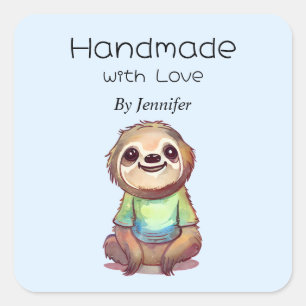 Handmade with Love Cute Sloth Wearing a Shirt Square Sticker