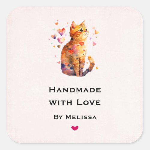 Handmade with Love Cute Tabby Cat with Hearts Square Sticker