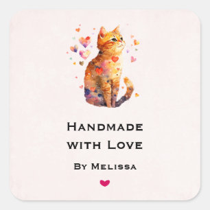 Handmade with Love Cute Tabby Cat with Hearts Square Sticker