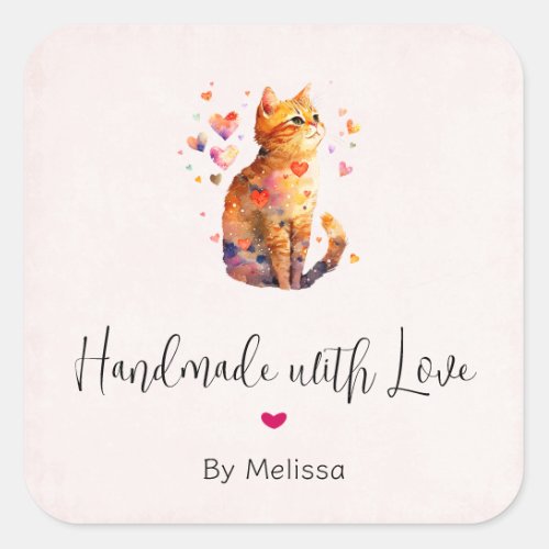 Handmade with Love Cute Tabby Cat with Hearts Square Sticker