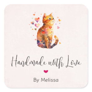 Handmade with Love Cute Tabby Cat with Hearts Square Sticker