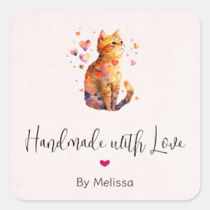 Handmade with Love Cute Tabby Cat with Hearts Square Sticker