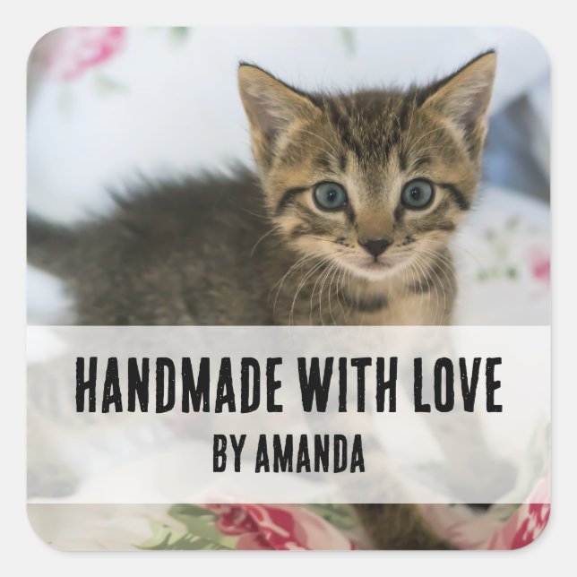 Handmade with Love Cute Tabby Kitten Photo Funny Square Sticker (Front)