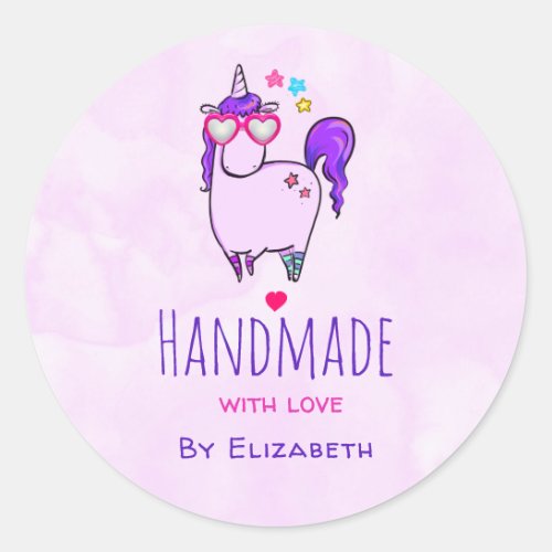 Handmade with Love Cute Unicorn in Heart Glasses Classic Round Sticker