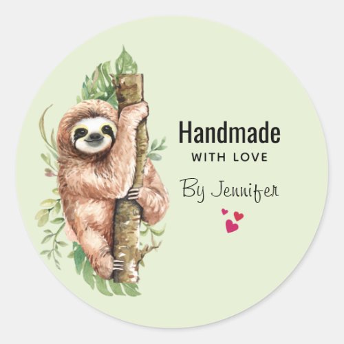 Handmade with Love Cute Watercolor Sloth Classic Round Sticker